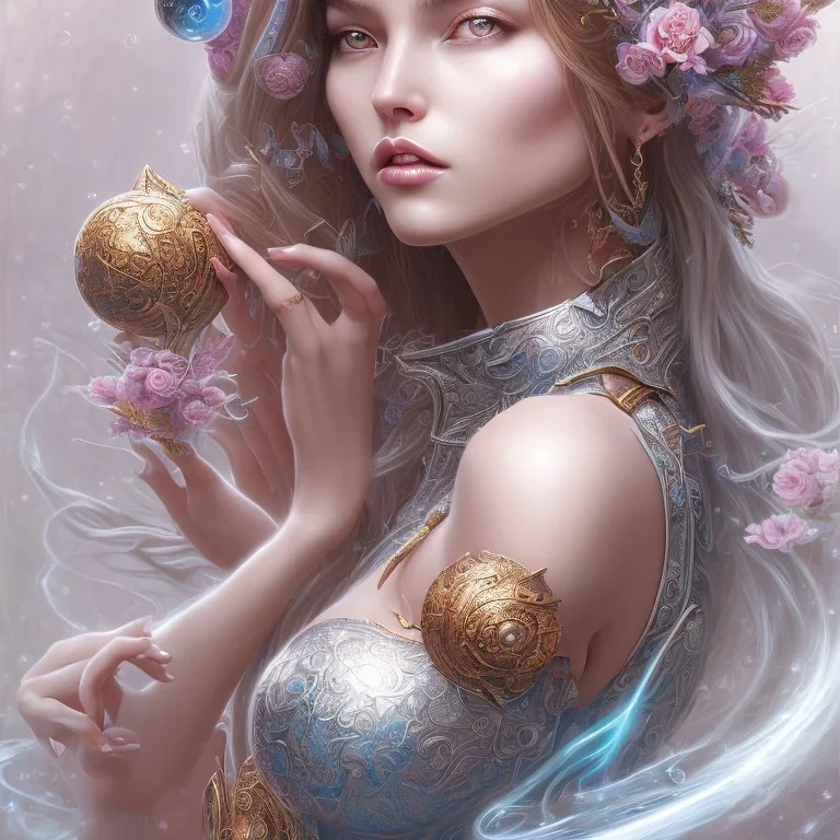 fantasy magic, intricate, sharp focus, illustration, highly detailed, digital painting, concept art, artgerm and paul lewin and kehinde wiley, masterpiece sexy lips Asian lady body flowers head silver bright rain lady outer space pretty, pink blue