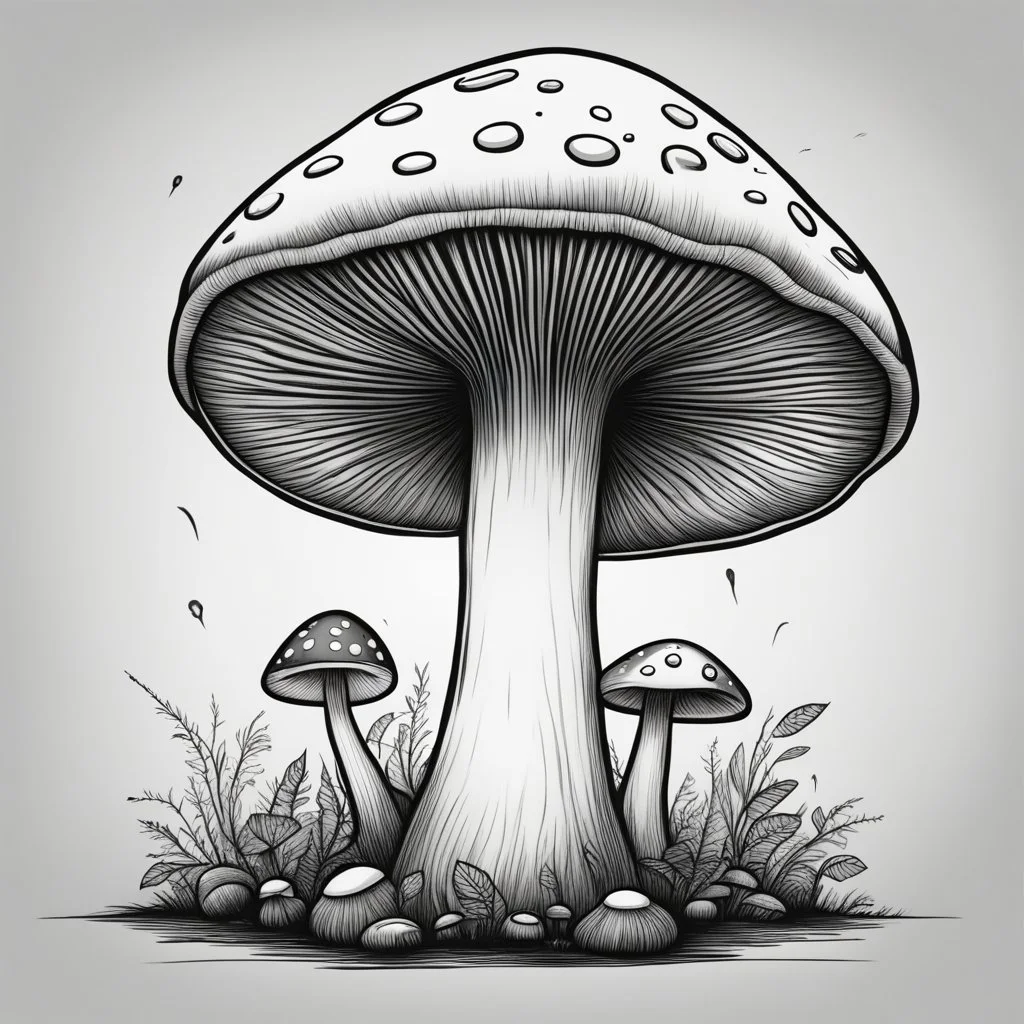 mushroom, black and white, cartoon, drawing