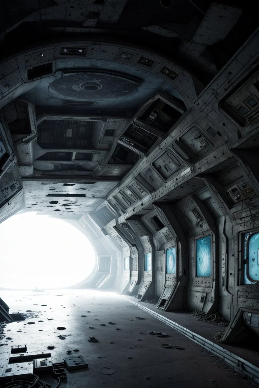 Alien symbols and silent corridors evoke space horror in this abandoned spaceship interior