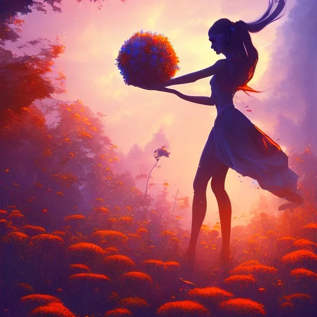 silhouette, monde en fleurs, concept art, crépuscule , bleu oranger