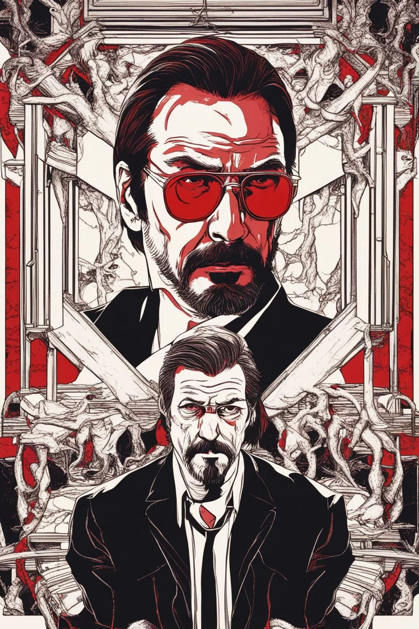 an evil, intimidating looking Hans Gruber wearing red-tinted glasses