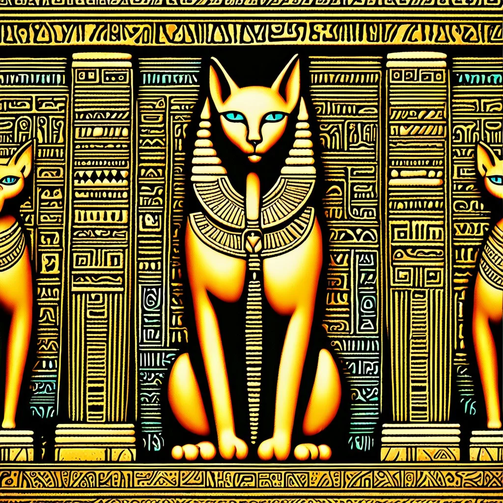 Cubism iridescent 3D-shaded Egyptian abstract art in Morris Hirshfield's richly textured style on weathered parchment. Engraved Egyptian glyphs. Highly detailed. (Bastet, the Egyptian cat goddess, sitting on a pedestal in a complex, detailed temple room, in front of beautifully decorated pillars adorned with Egyptian glyphs, and ankhs, on a noble, tiled floor. The cat wears tattoos, and her body is adorned with precious gold and lapis lazuli jewelry.) palm trees, more cats in soft focus backgrou