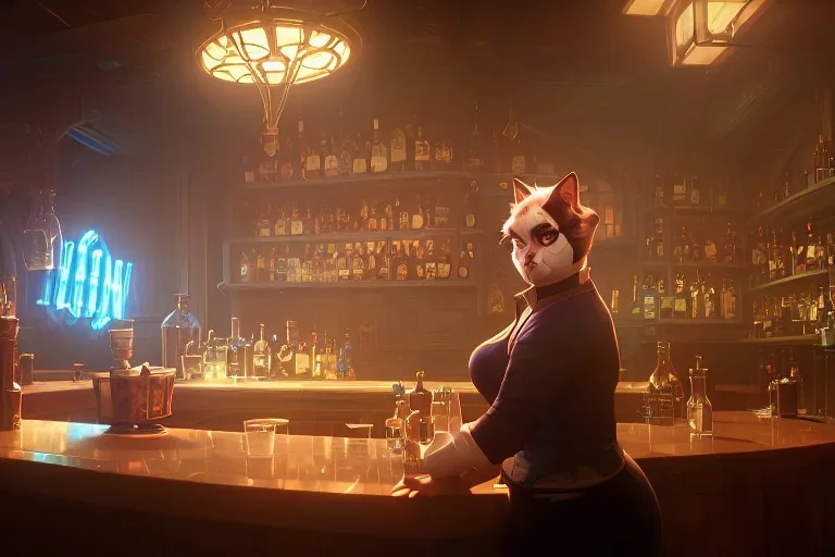 2 fat cat in a bar, high-quality, fine-detail, intricate, digital art, detailed matte, volumetric lighting, dynamic lighting, 3D octane render, Marc Adamus, Ann Prochilo, Romain Veillon,