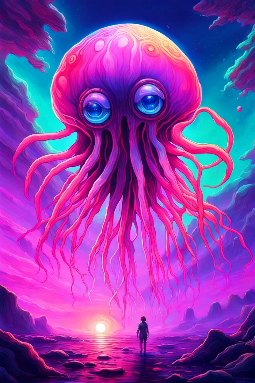 DALL-E 3 P: P: A stunning oil painting in anime style depicting a scary yet colorful creature with translucent, luminous qualities like a jellyfish. The creature has many detailed, iridescent eyes, multiple arms, and large ears. This creature is set against the backdrop of an incredible alien paradise planet at sunset, with vibrant colors and exaggerated perspective. The masterpiece showcases mother of pearl iridescence and holographic whites, creating a terrifying and horror-like atmosphere. Th