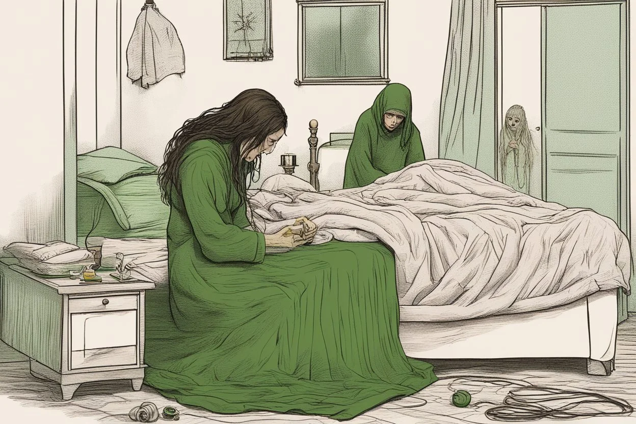 a knitted girl sitting on a bed and vomiting green lines, an exorcist priest standing next to her bed in a room in candlelight at night