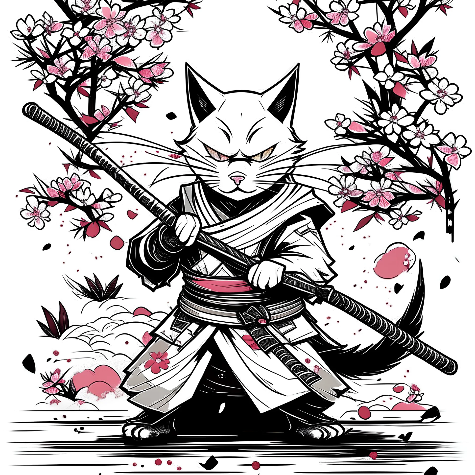 Vector illustration, Minimalistic, Digital illustration, a Little [Vintage tshirt print design (on a white background1.2), digital art of Manga-Inspired Samurai Cat, (manga style1.2), dynamic poses, cherry blossoms, epic katana action, highly detailed, 4k, masterpiece.]Print for t-T-shirt HaHand-drawn