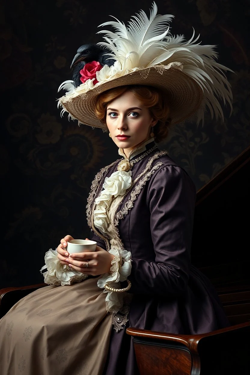 Mesmerising hyper-realistic surrealistic photographic portrait depicting Lady Perfection, queen of England Glowing with aristocratic beauty, Merry Poppins is dressed in traditional 19th century lady's attire, her hat adorned with striking white raven feathers. Her delicate face glows slightly, radiating an ethereal softness that reflects her deep connection to the mystical world. She sits on the lid of an antique piano and holds a cup of tea. The background is a complex dark canvas filled with m