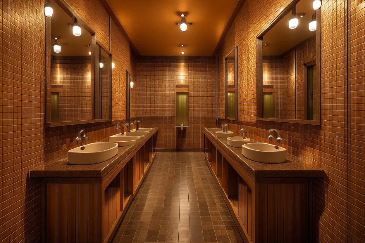 Pictures of a group of bathrooms in Mathaf Restaurant. The walls and floors are in brown tones, and the sinks are on one wall.