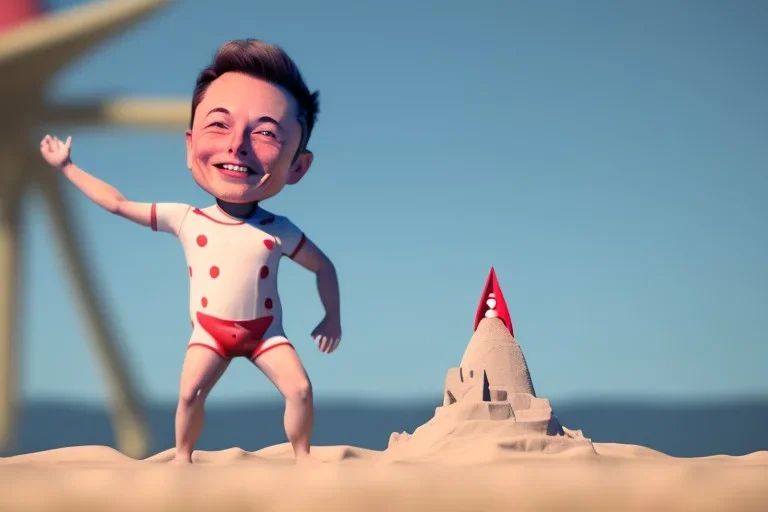 Elon musk as a young baby building a Very tall rocket-shaped sandcastle on the beach. He is wearing a polkadot swimsuit