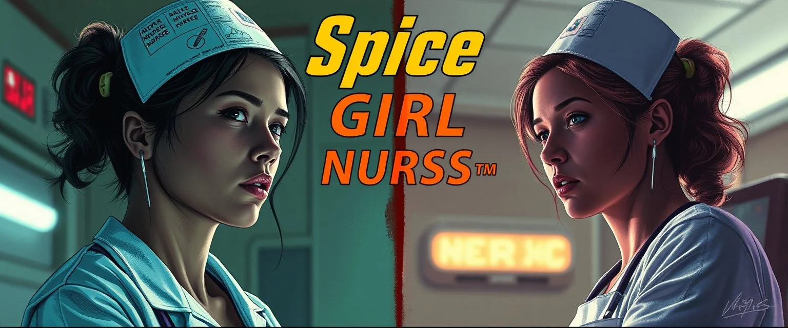 cyberpunk fallout 4, airbrush and pen outline, A cinematic, high-end advertisement image for a fictional service called “Spice Girl Nurses™”. Split-screen composition with two contrasting emotional states.