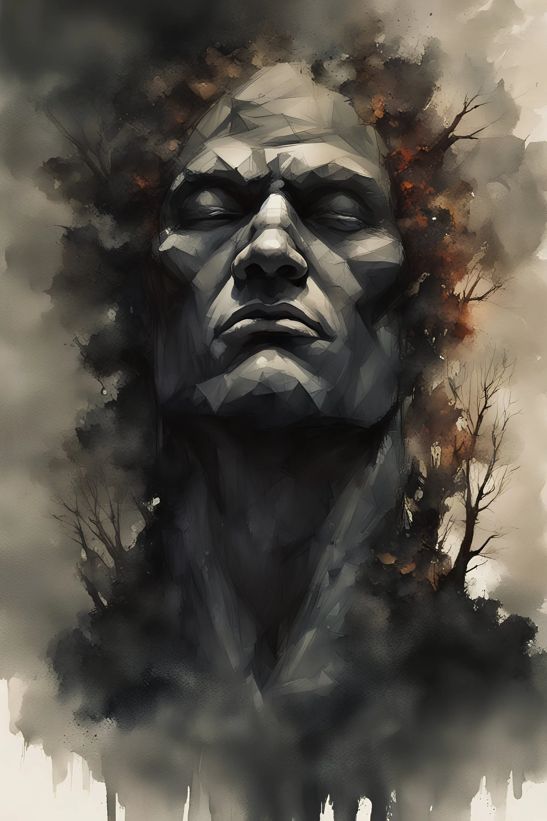 stone giant above the trees, vivid emotions, watercolor, photorealism, dark fantasy, bad weather, gloomy day, dark world, sketch art, fine lines, grunge, sensual, darkness, by Raymond Swanland & Alyssa Monks & Anna Razumovskaya