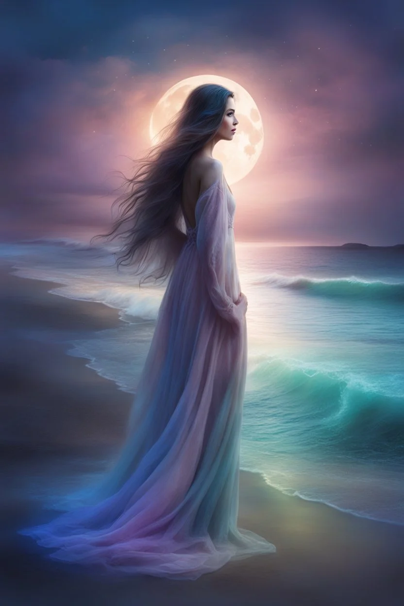 Creëer een mooie realistische Fantasie art, mooie vrouw, standing on the beach in a long dress, long dark hair,, soft lighting, vibrant colors, ethereal, dreamlike, nature-inspired, romantic, whimsical, fantasy art, peaceful, enchanting, surreal, atmospheric, natural elements, moonlight filtering