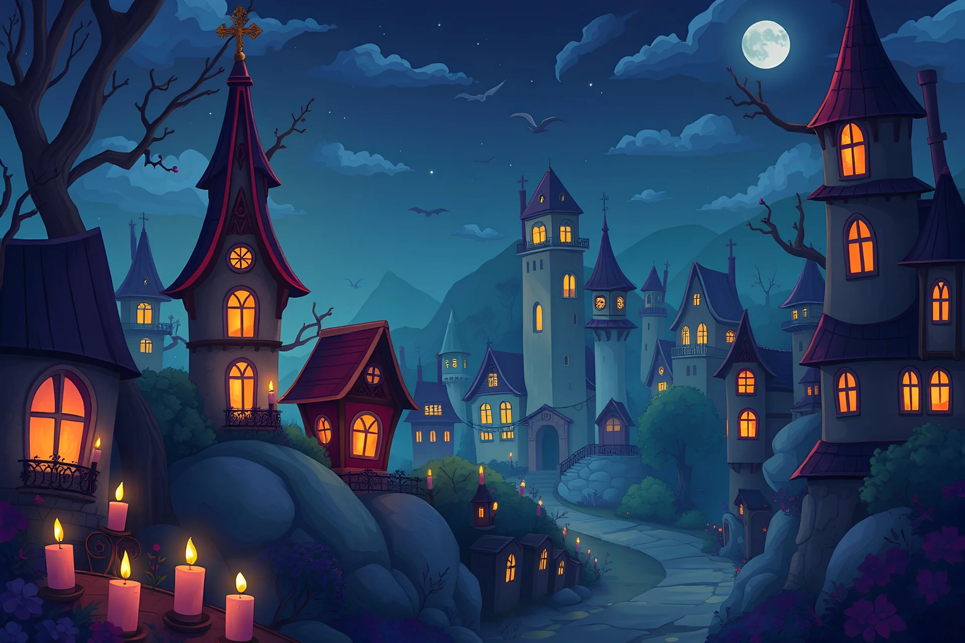 Cartoon whimsical fantasy nighttime city lit by candles