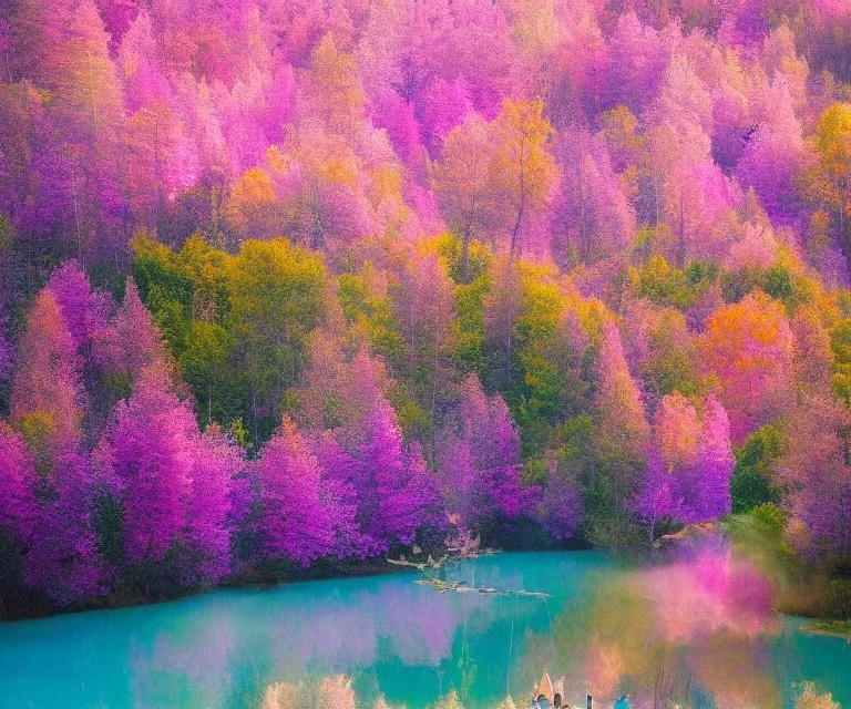 fairies in a magic pink forest with purple and pink trees, pink and blue and yellow flowers and around a turquoise lake, a blue sky and sunlight