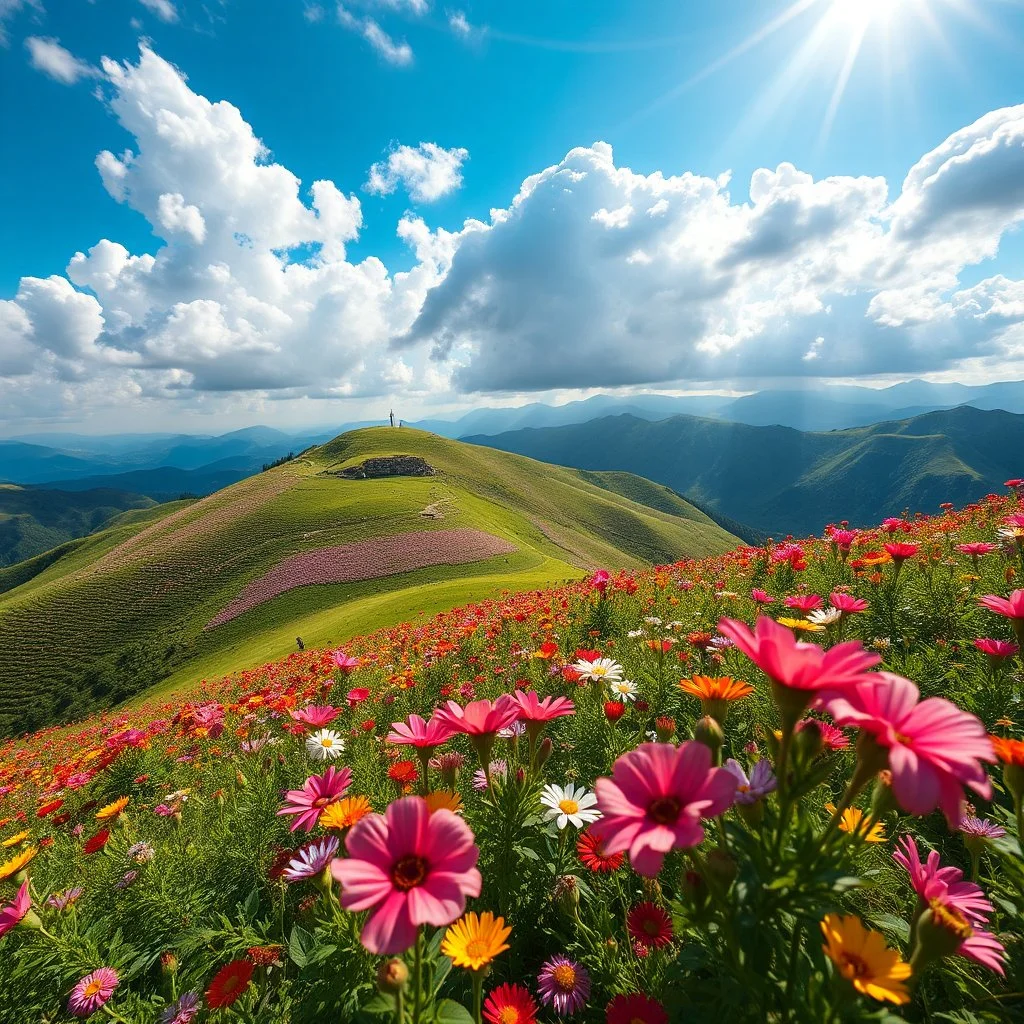 beautiful Green hills covered with flowers colorfull ,blue sky heavy clouds with godray ,very nice flowers at closeup ,wonderfull mountains at distance,beautiful lady clibming at hills full body shot