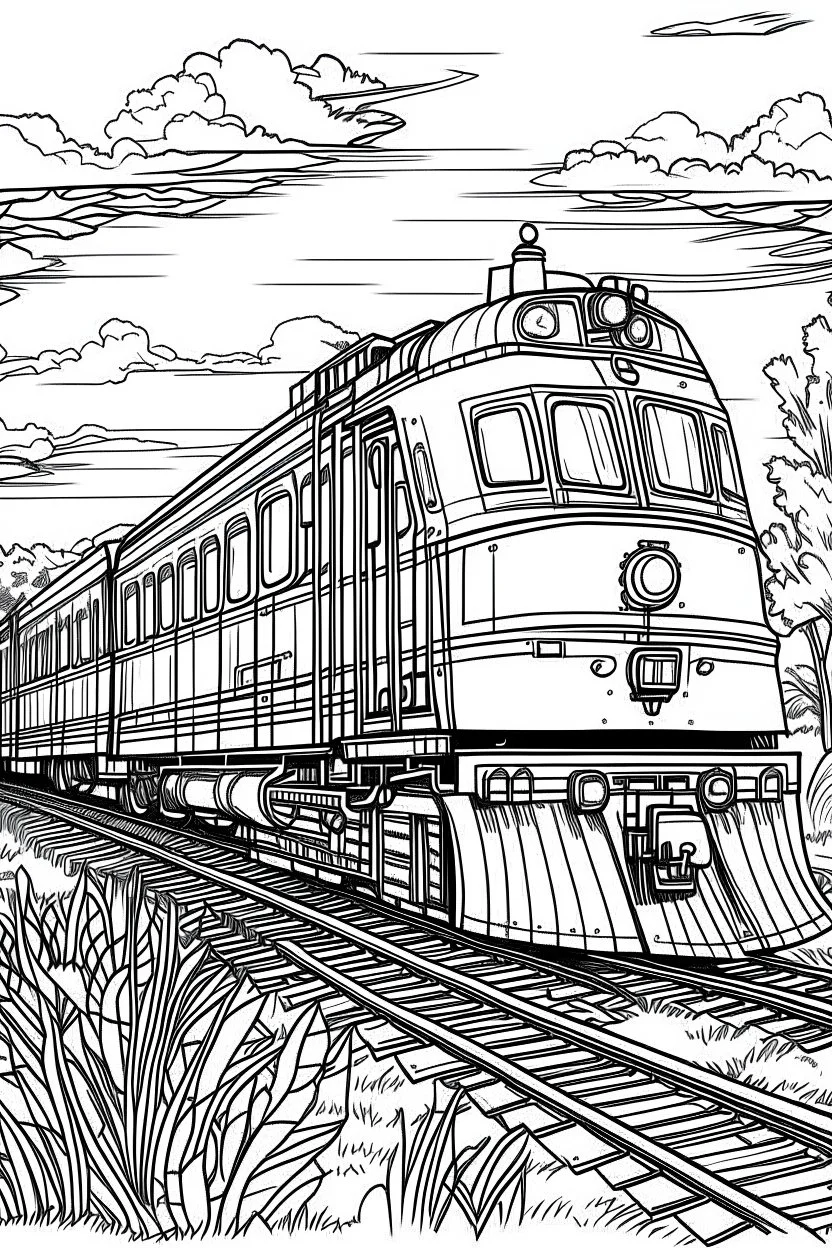 Outline art, no shading, full train, cartoon style, black and white, low detail, --ar 9:11