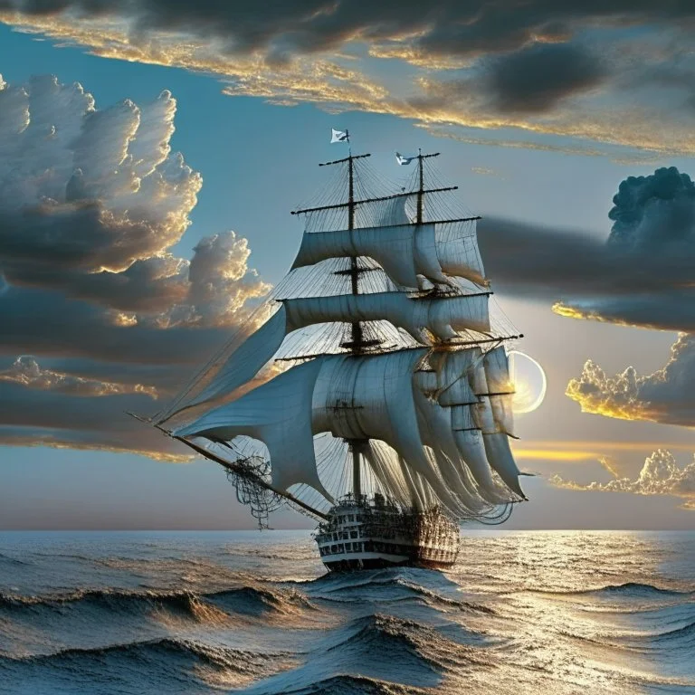 silver lining at the horizon with some sailing ship