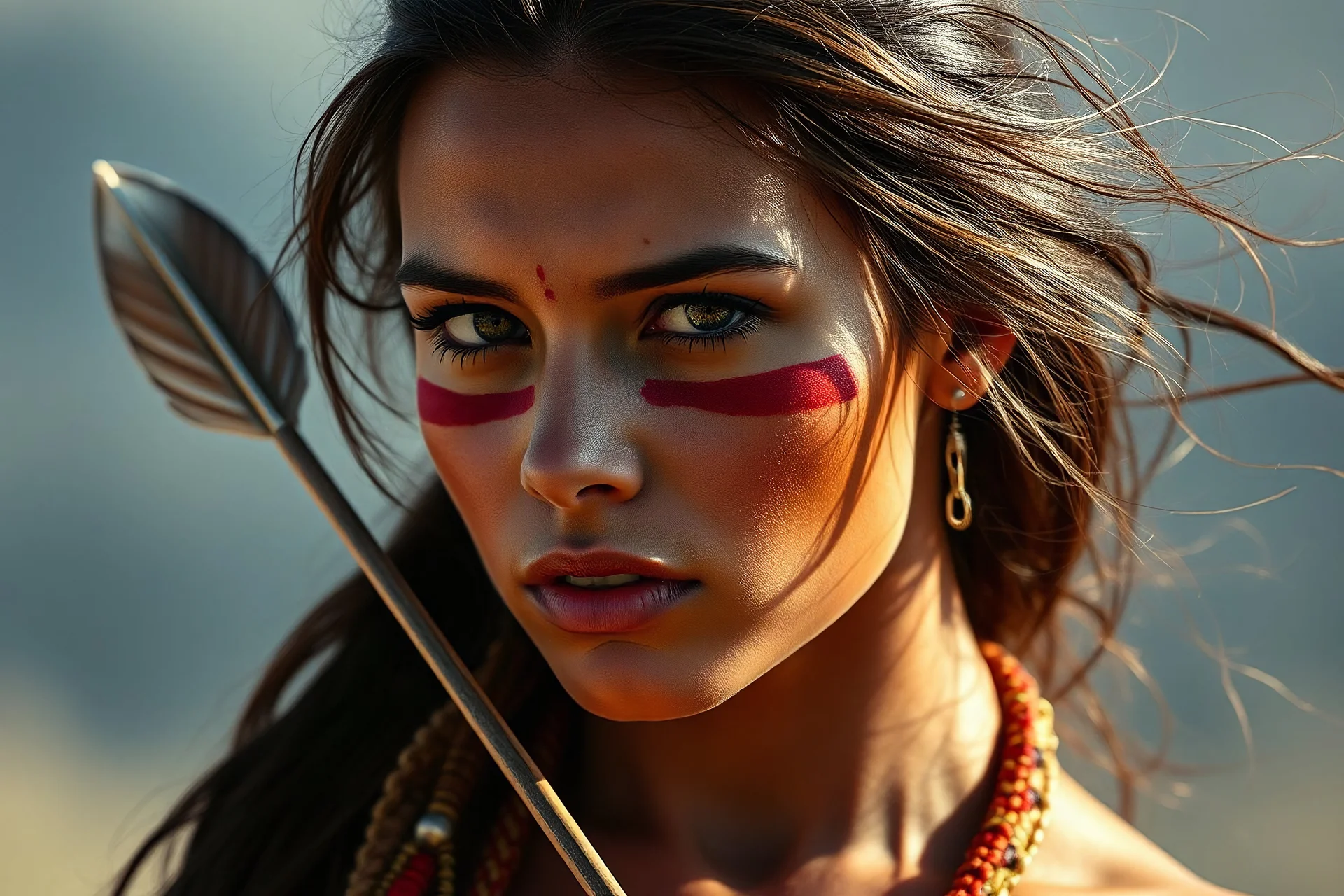 indigenous amazon woman, beautiful woman, young, warrior, tattooed face, red strip ainted eyes, long hair, wind, feather, arrow