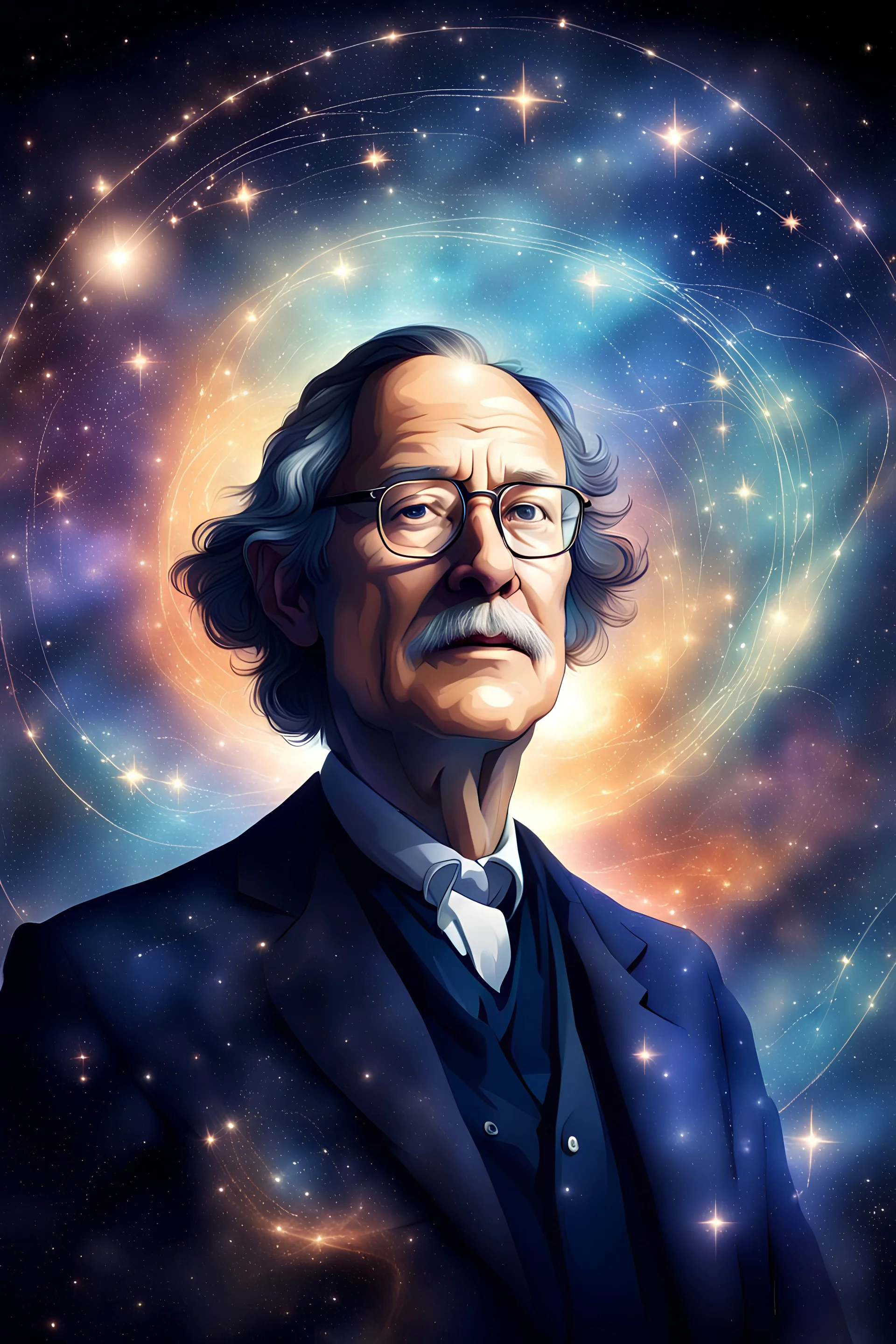 Generate an awe-inspiring digital artwork that captures the essence of a visionary trailblazer amidst a backdrop of swirling galaxies and constellations, depicting John Mauchly as the guiding star illuminating the path of innovation.