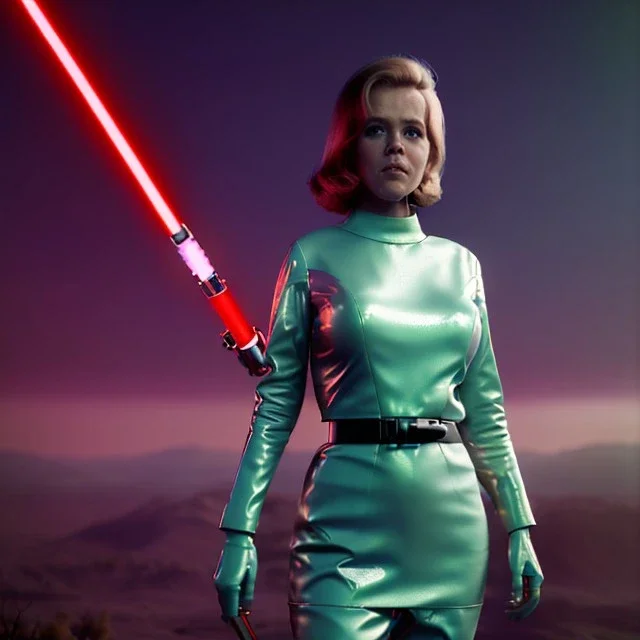 Ultra Realistic retro sci-fi portrait image from 1960, spaceship, sweet young Jane Fonda, dress with tight latex suit, fighting stance with lightsaber, soft color, highly detailed, unreal engine 5, ray tracing, RTX, lumen lighting, ultra detail, volumetric lighting, 3d, finely drawn, high definition, high resolution.