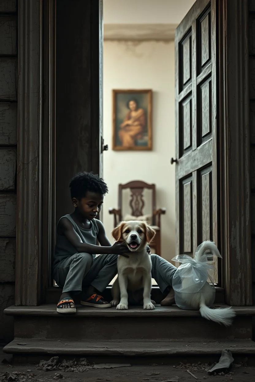 A black one years old boy and a white two years old boy ,are sitting petting a small dog , bositting on the door steps of the an old paints cracked dirty abandoned house door , behind the open door there is an old woman-furniture , insanely detailed octanec render trending on artstation, 8k artistic photography, photorealistic concept art, soft natural volumetric cinematic perfect light, chiaroscuro, award-winning photograph, masterpieces, oil on canvas, Raphael, Caravaggio, Greg Rutkowski,