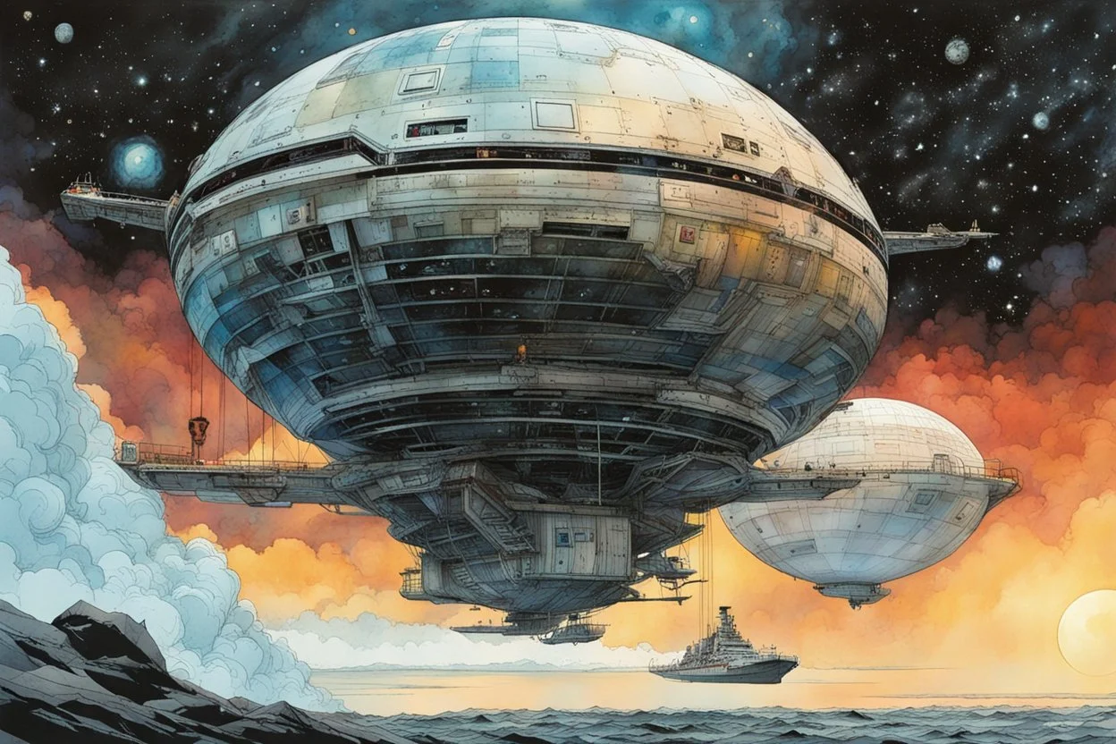 create an interstellar container ship caught in a swirling celestial maelstrom, cosmic patterns, and dreamlike scenes, stars, planets, in the comic book style of Bill Sienkiewicz and Jean Giraud Moebius, ink wash and watercolor, highly detailed and sharply defined