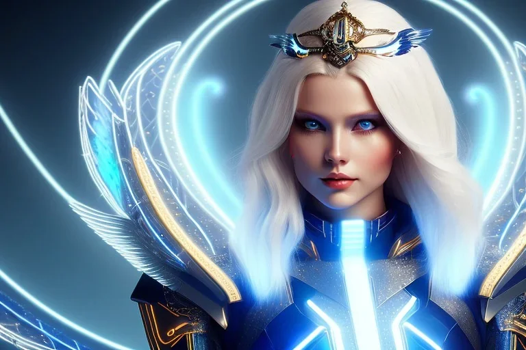 A beautiful portrait of a cute smiling cyber woman with wings, long blond platinum hair, luminous blue eyes, high key lighting, volumetric light high details with blue and white stripes white luminous celtic paterns, beam starry background