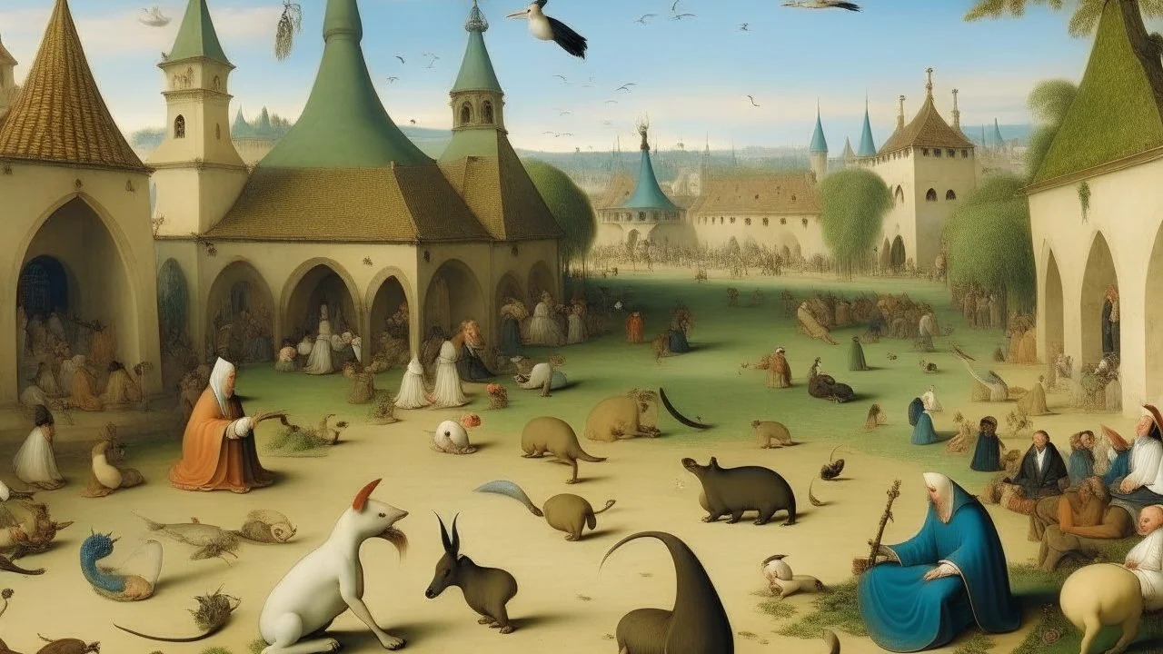 An high detailed oil painting by Hieronymus Bosch and Myazaki of people practicing yoga surrounded by wild animals in a city square.