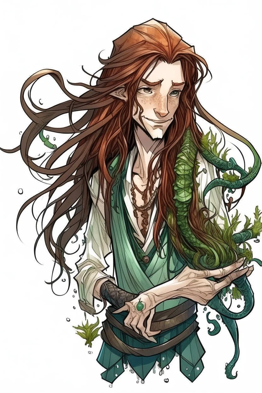 scaly wet pirate nereid male with seaweed in long auburn hair