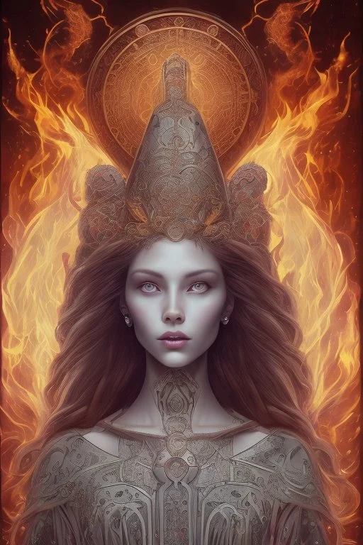 Create an image of a Wiccan Mayday Goddess. The goddess should be depicted as a beautiful and powerful figure, surrounded by symbols of the element of fire. Her hair should be long and flowing, and she should be dressed in a flowing gown or robe. In the background, include imagery of flowers, greenery, and perhaps a bonfire or other symbols of the Beltane celebration. The image should evoke a sense of joy, celebration, and spiritual connection to nature.