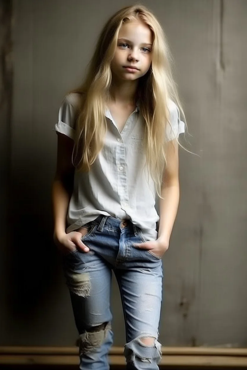 pretty girl, aged 14, blonde, conventionally attractive, dreamy, full body, jeans