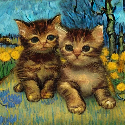 Portrait of kittens in a flower garden by Van Gogh