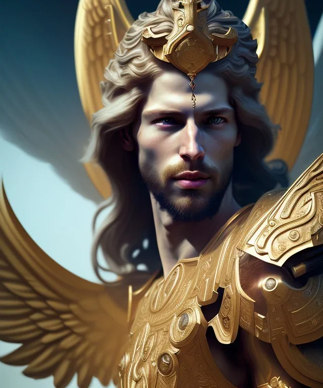 San Michael Archangel, male divine justice, head and shoulders portrait, 8k resolution concept art portrait by Greg Rutkowski, Unreal Engine 5 volumetric lighting