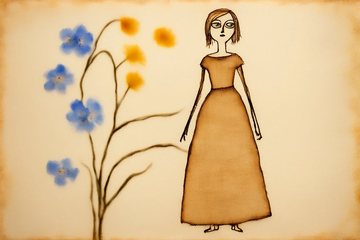 painted and burned burlap, forget-me-not woman, styles of Paul Klee Dee Nickerson and Tim Burton, melting watercolor and black ink outlines on wet paper, soft, shading strokes, in sunshine, ethereal, otherwordly, cinematic postprocessing, bokeh, dof