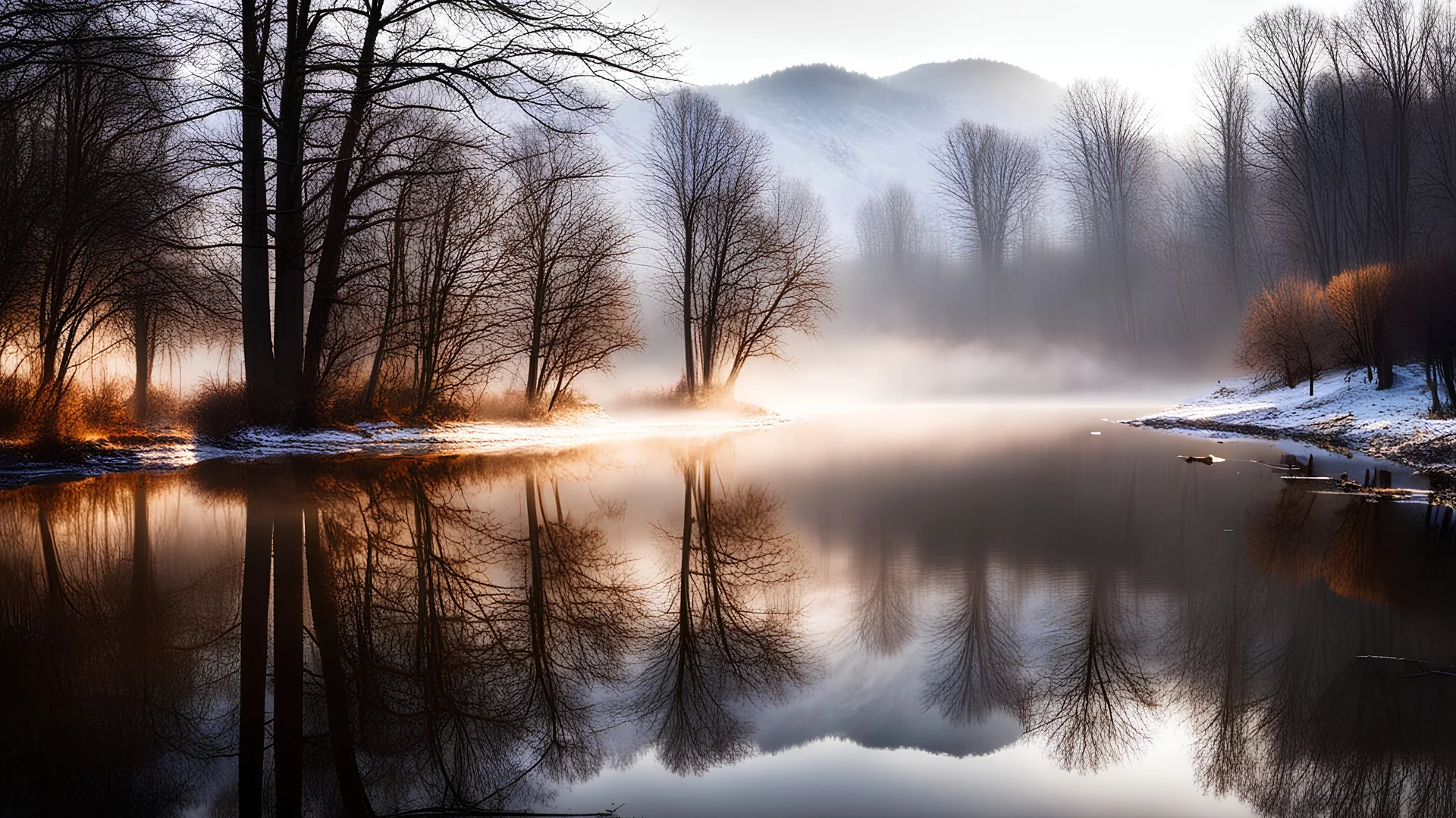 mist shadows,winter season,brown colors,reflections,dramatic scene