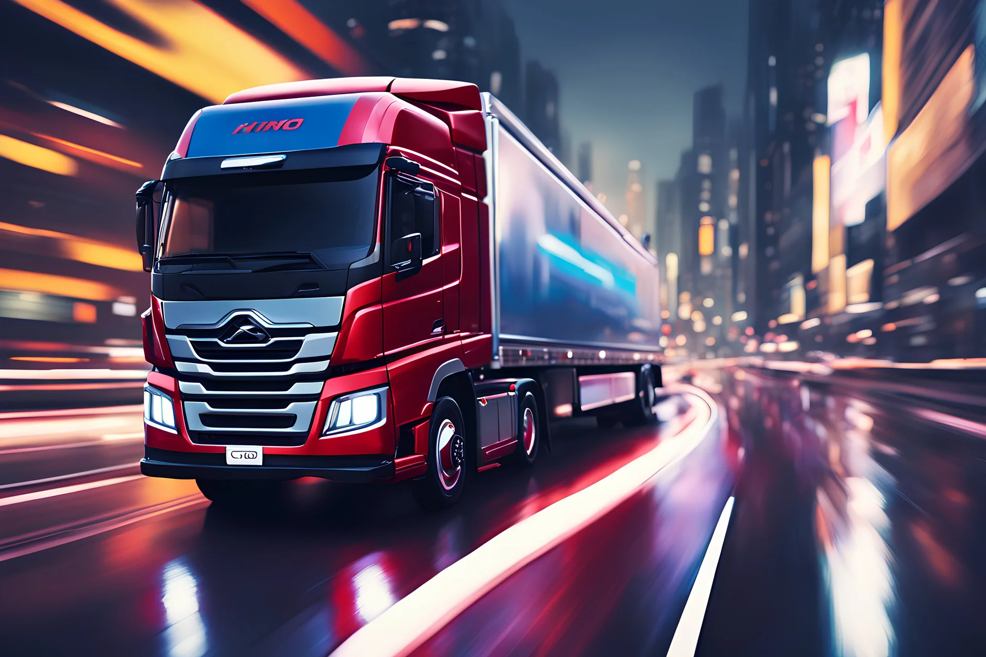 oilpainting, cinematic view, 8k, high resolution, stylized, monochromatic, vectorial, oil painting, art of a hino profia truck running in a futuristic road, lights, blurred background, neon, bokeh effect, surrealistic, forced perspective