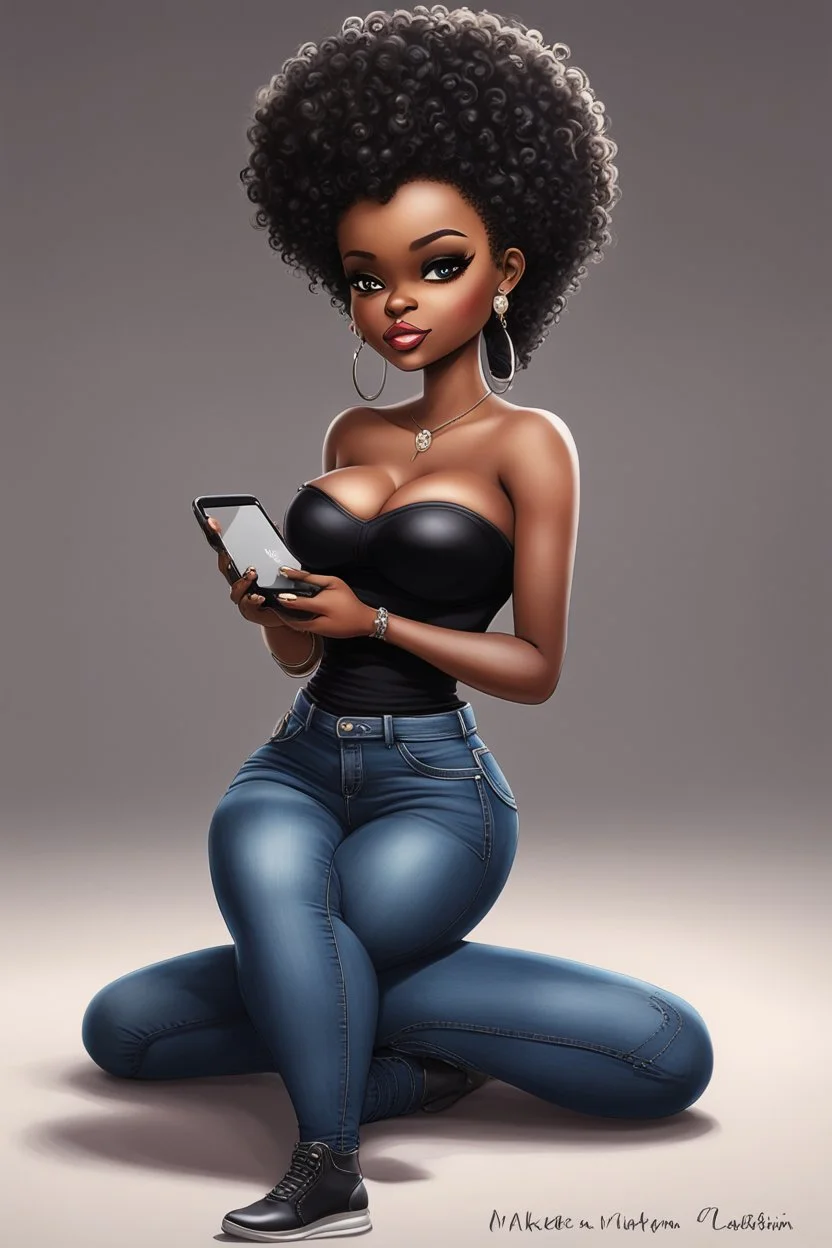 Create a furturism magna art of a black chibi curvy female sitting on the floor looking at her cell phone. She is wearing tight blue jeans and a black off the shoulder blouse. Prominent make up with lush lashes. Highly detailed tight curly afro. She is also wearing silver large hoop earringsart of a black chibi curvy female sitting on the floor looking at her cell phone. She is wearing tight blue jeans and a black off the shoulder blouse. Prominent make up with lush lashes.