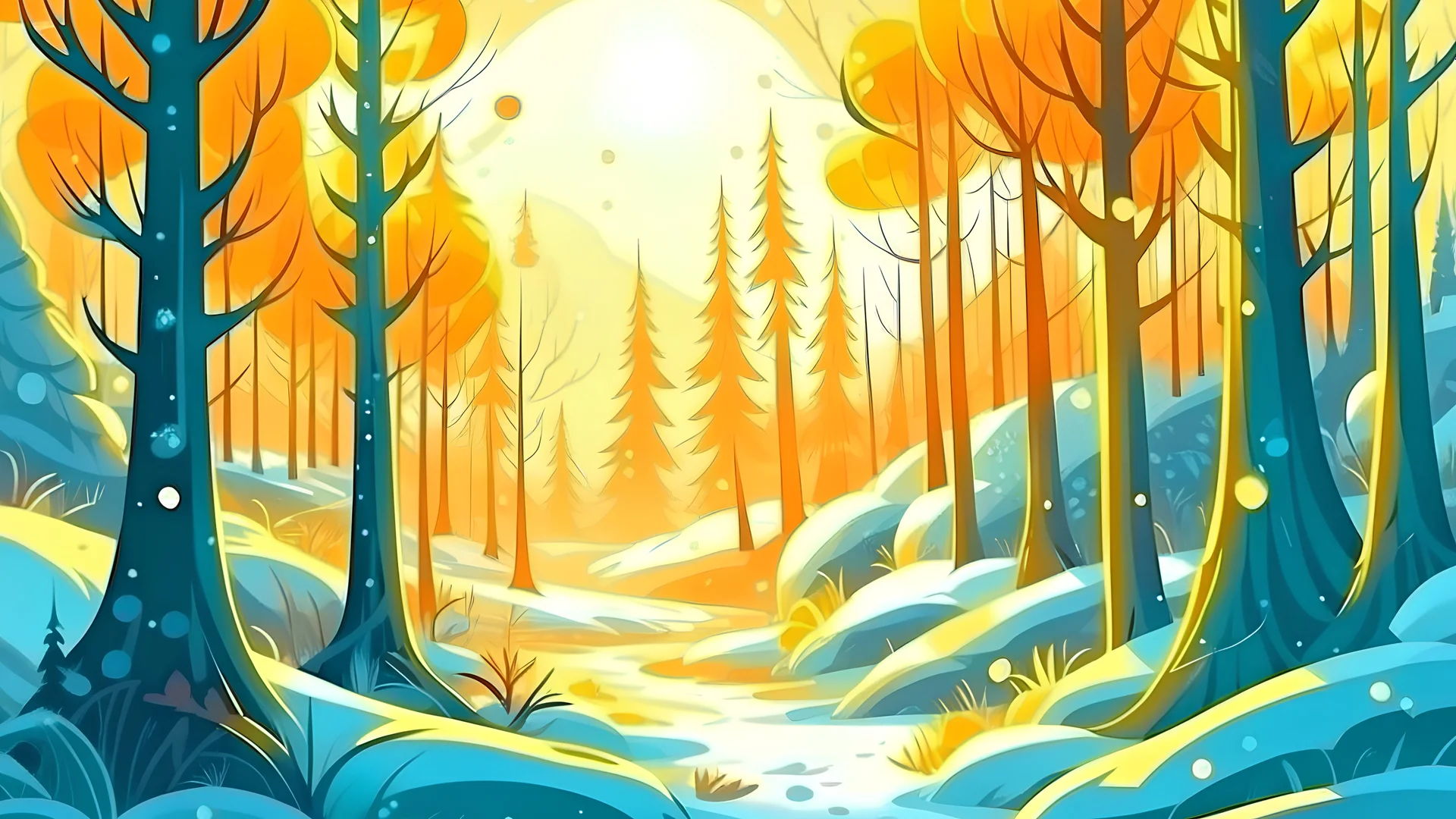 fantasy cartoon style illustration: sunny winter day in the woods