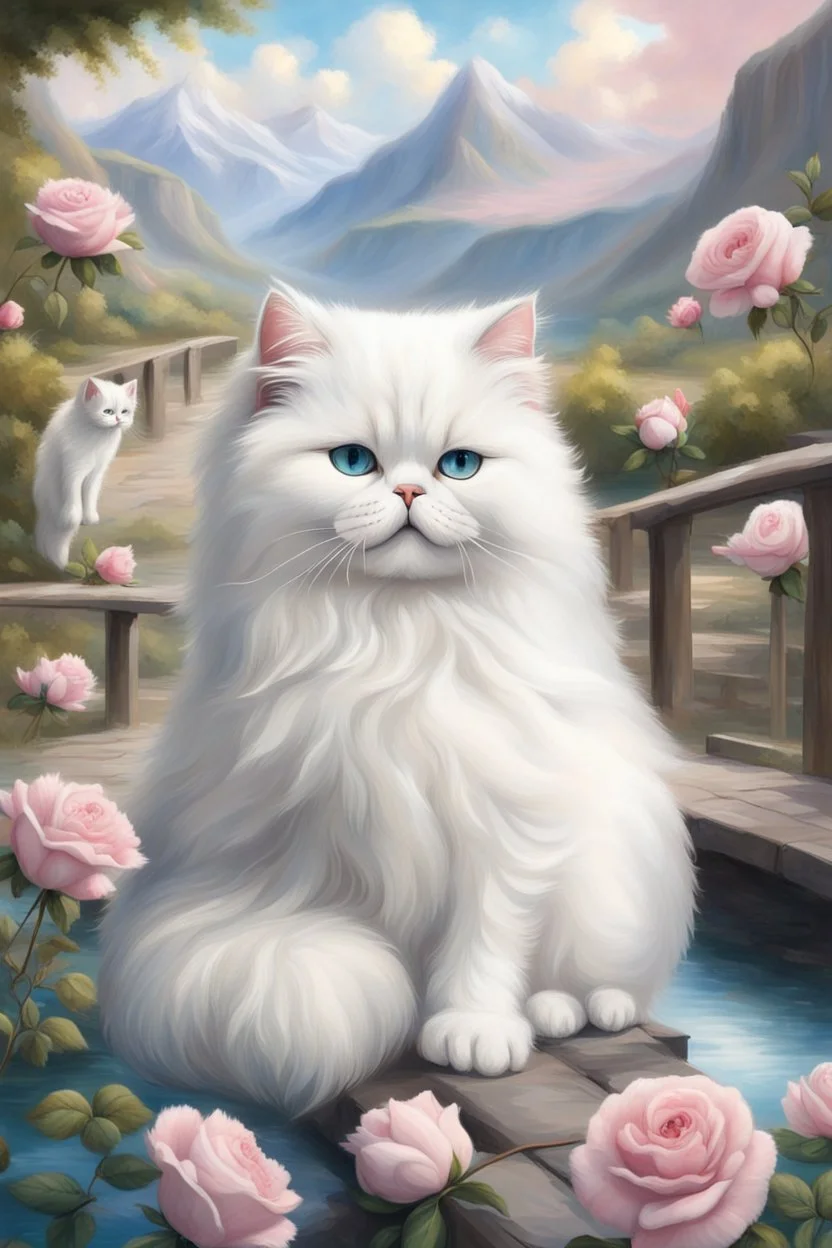 in the center: beautiful fat fluffy white persian cats with babys, with green and blue eyes, sitting on a bridge, under the brigde flows a small blue river; background: landscape with dramatic mountains and white clouds, butterflys flying in the sky; first plan: pink roses;