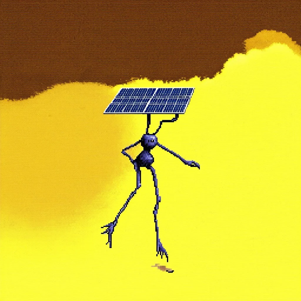 Text 'AS THE SUN STAINS THE SKY' in shaky handwriting as the centerpiece of an anthropomorphic metaphoric solar pixelated creature with very long legs leaving a dirty yellowish smear in sky behind it, glitchy grainy photography, surreal, minimalism, moody, sinister, profound, fantastical