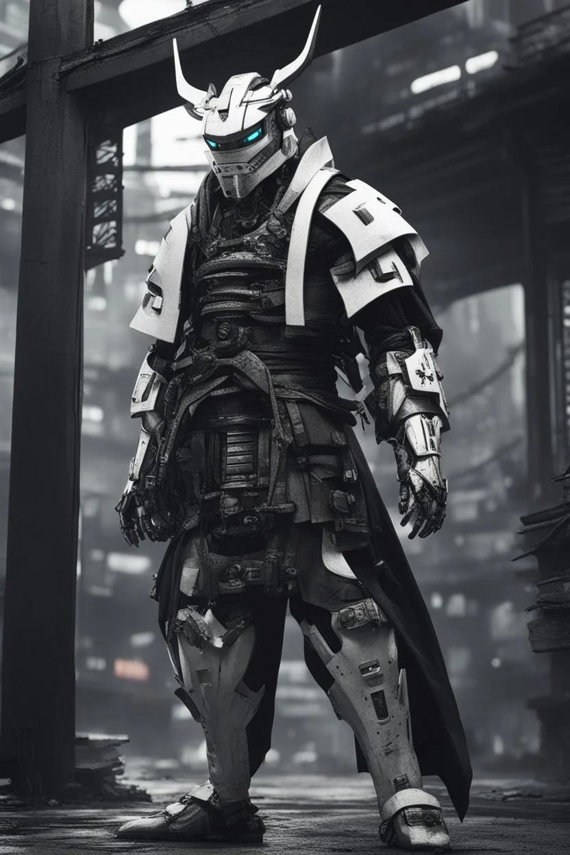 samurai robot in black and white cloak in a cyberpunk environment