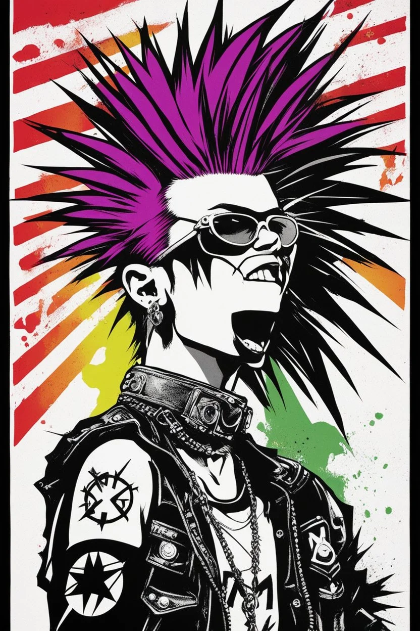The punk is rebellious, bold, and exuding energy. The poster should capture the essence of punk culture, mixed with the power of the energy bar. Maybe the punk is portrayed with colorful hair spikes, ripped clothing, and piercings, standing defiantly with the energy bar in hand. The Anarchy logo should be prominent, symbolizing the rebellious spirit of the punk scene.