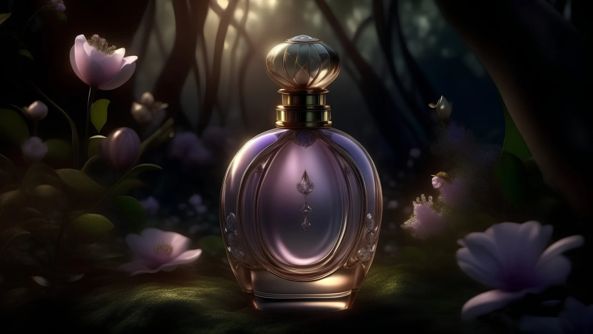 generate me an aesthetic complete image of Perfume Bottle in Enchanted Garden