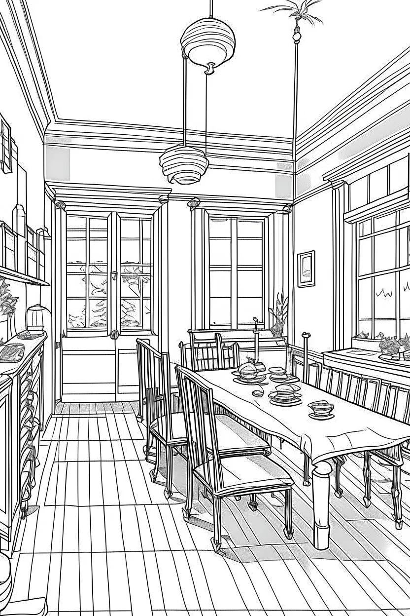 Outline art, house interior design, dining room, no shading, no lines, cartoon style, --ar 9:11