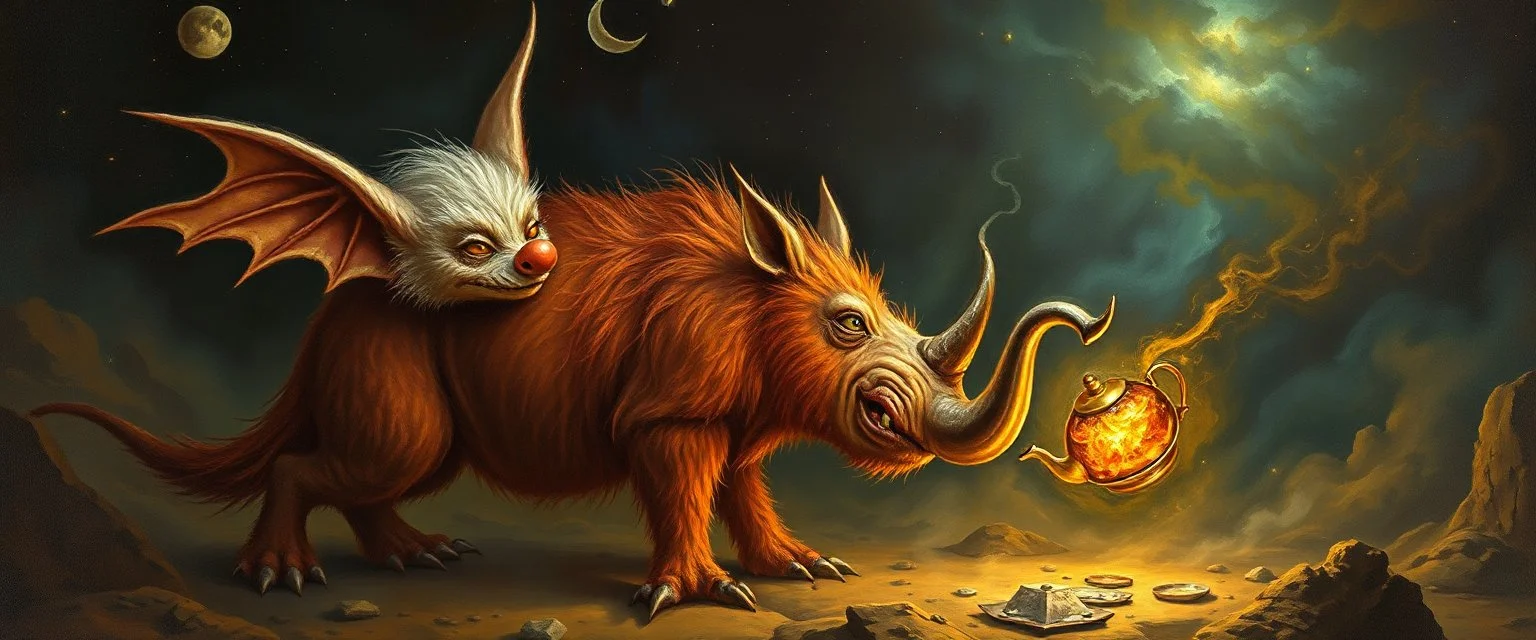 fuzz sponge tube gremlin fox demon in the astral realm with a tea kettle rhino, painted by Rembrandt