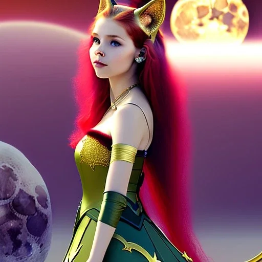 Attractive teenage girl with red hair with golden highlights, who is dressed like a witch casting a spell with a quarterstaff on the moon, she has cat ears, green eyes looking at the moon, background is realistic space, the girl is on a planet, goth girl dress, full body portrait, arm colors gradient effect into stars, rendered, unity 3d, unreal engine, dslr, hdr, 4k, edited, photorealistic, normal number of appendages, freckles, artists rendered