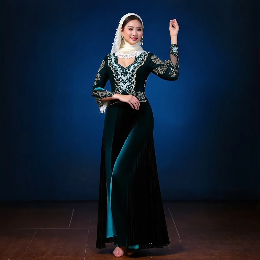 lady in azeri dance custum change clothing color to cyan and black fullbody shot standing in a pretty stage,not decolte,with a long white lace scarf