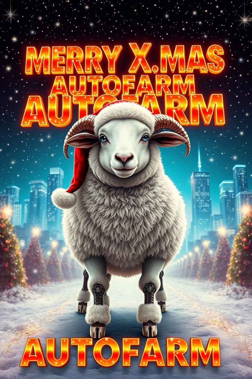 "Design a hyper-cheesy, 1990s-style movie poster featuring a flamboyant, festive sheep with jolly Santa characteristics, inspired by the intense, futuristic aesthetic of 'Terminator 2.' Display 'Merry Xmas Autofarm' prominently in bold, metallic letters, surrounded by dazzling lights, glitter, and festive decorations. Incorporate elements like a cybernetic Santa-sheep hybrid, complete with robotic details, against a backdrop of twinkling Christmas lights and an epic, futuristic cityscape. Use br