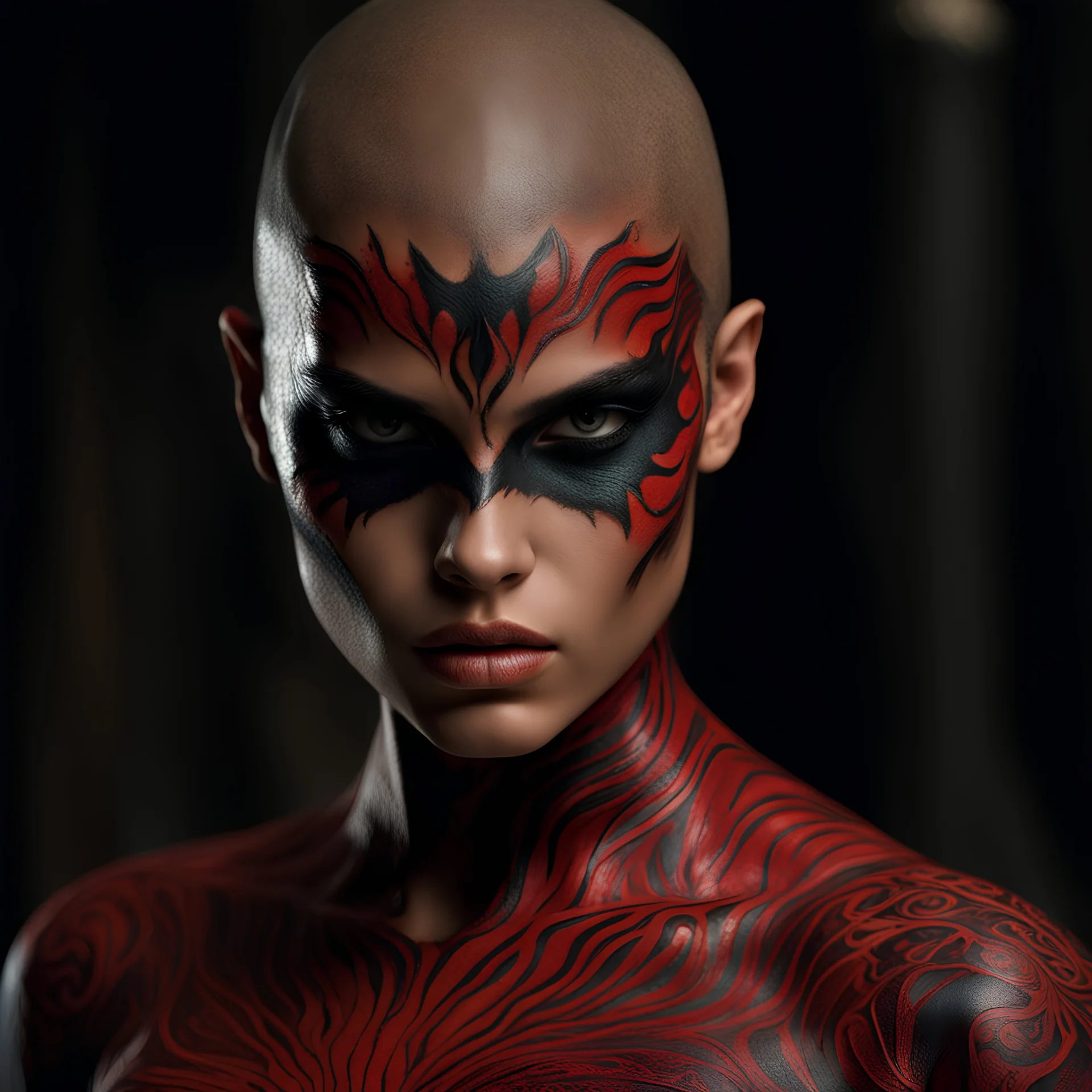 32k uhd, 2000 movie film still, young girl, muscular 8k, RAW photo, highest quality, beautiful girl (( muscular sara sampaio red skin demon woman, beautiful, intricate facepaint, bald head,)), (detailed face), ((bald head)), (highest quality), (best shadow), intricate details, interior, dark studio, muted colors, freckles, by james cameron, photoreal, 85mm, F1.4, Cinestill 800T, 8k, high quality, photo realistic, photorealistic masterpiece, cinematic lighting,