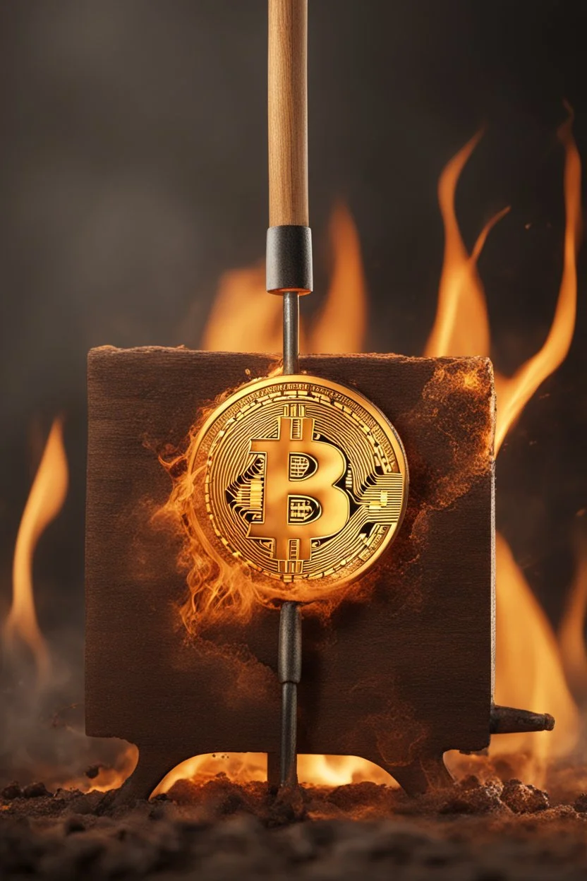 Image of a branding iron that has just burned a Bitcoin logo into the skin of an Attractive man. It is still hot and steam can be seen from the burn mark. Super realistic, dramatic, 8k